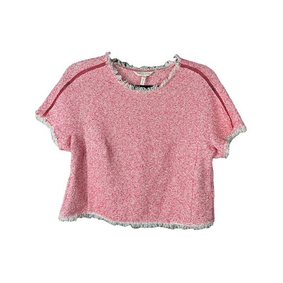 Rebecca Taylor Pink Coral Tweed Short Sleeve Fringe Raw Hem Crop Blouse Size 2 - Picture 1 of 7
